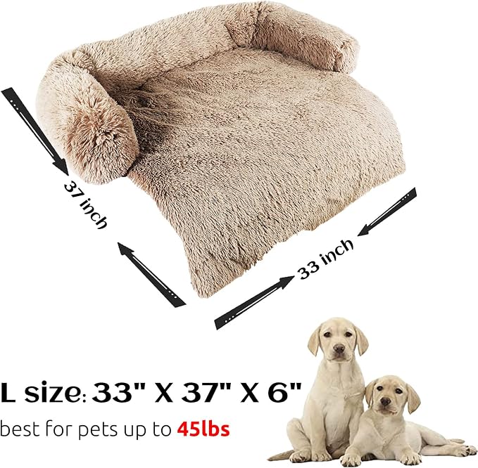 HACHIKITTY Calming Pet Sofa Bed Mat, Washable Fluffy Couch Cover for Dogs and Cats, Anti-Slip Bottom (37"x 33"x 6", Camel)