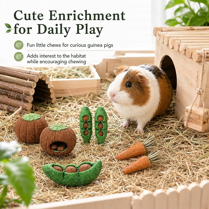 HERCOCCI 8Pcs Guinea Pig Chew Toys, Hamster Toys Prevent Excessive Teeth Growth Natural Vegetables Carrot and Timothy Grass for Guinea Pig Rabbit Chinchillas Gerbil
