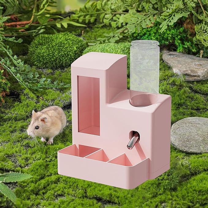 3 in 1 Hamster Automatic Feeder Dispenser Easy to Clean Container Feeding Station for Home Ferrets Bunny Small Animal Patio, Pink 120ml Bottle