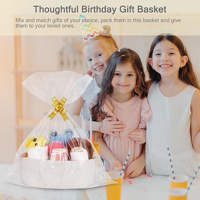 Small Woven Basket with Gift Bags and Ribbons, Empty Baby Gift Baskets for Kids Women Men, Shelf Storage, Small Cat Dog Pet Toy Boxes, 13”x 9”x 5.5”, White