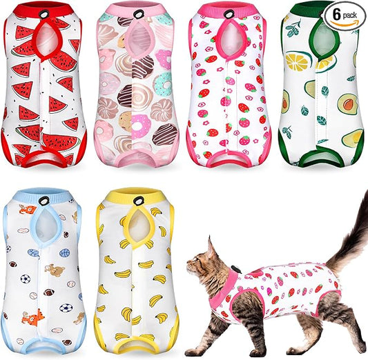 Kacctyen 6 Set Cat Recovery Suit After Surgery Female and Male Cat Kitten Surgery Suit E Collar Alternative Pajama Kitty Clothes for Spay Abdominal Skin Anti Licking(Fruit,Medium)