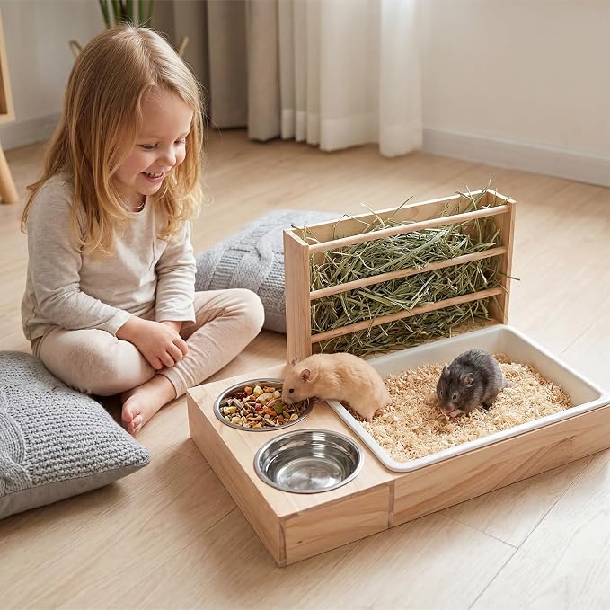 3-in-1 Rabbit Hay Feeder, Rabbit Litter Box with Hay Feeder and Bowls, Guinea Pig Hay Feeder, for Rabbits, Guinea Pigs, Small Animals