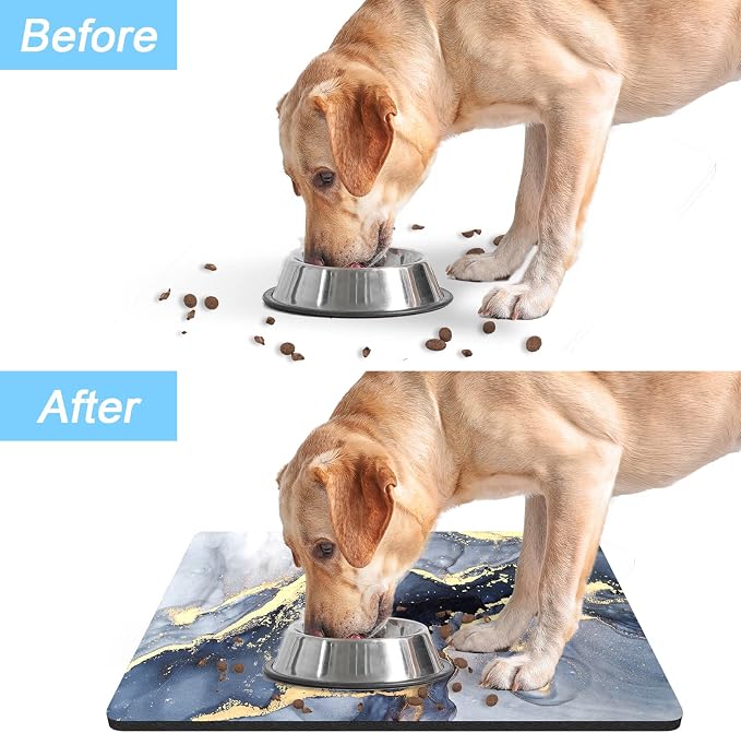 Rnivvi Dog Food Mat, 12" x 19" Marble Absorbent Dog Cat Bowl Mat for Food and Water, Cute Anti-Slip Rubber Pet Feeding Rug Protect Floors, Puppy Placemat for Feeding & Watering Supplies, Grey