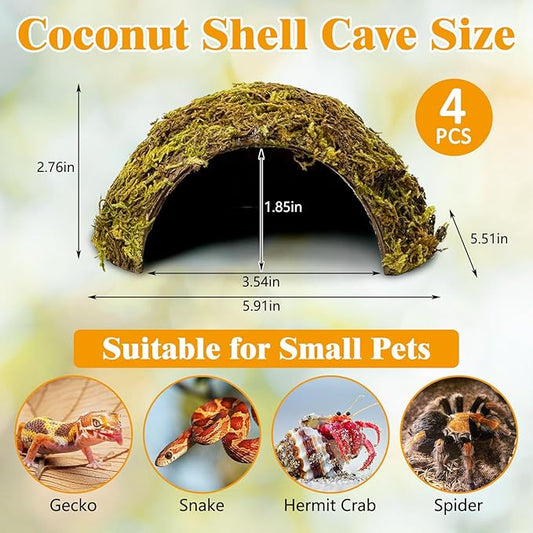 PINVNBY 4 Pack Natural Green Moss Hide Caves Coconut Reptile Hideouts Hamster Climbing Toys Gecko Habitat Decor Lizard Shell Shelter for Snake Tarantulas Turtle Chameleon
