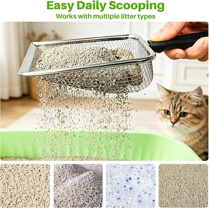 2 Pack Cat Litter Scoop with 3.8mm & 5mm Mesh – Stainless Steel Kitten Litter Scoop with 2 Adhesive Hooks, Metal Cat Poop Scooper for All Litter Types, Efficient Sifting & Easy Cleaning for Litter Box