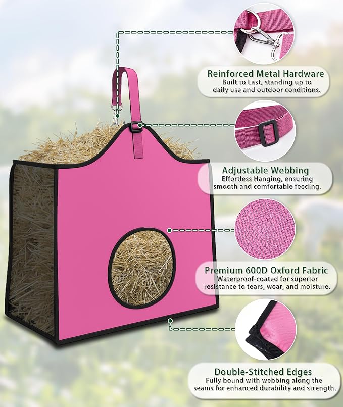 Hay Feeder for Goats and Horses - Slow Feed Design, Heavy Duty Hanging Hay Bag for Barn, Trailer & Paddock, Easy to Hang & Clean(3pcs, Pink)