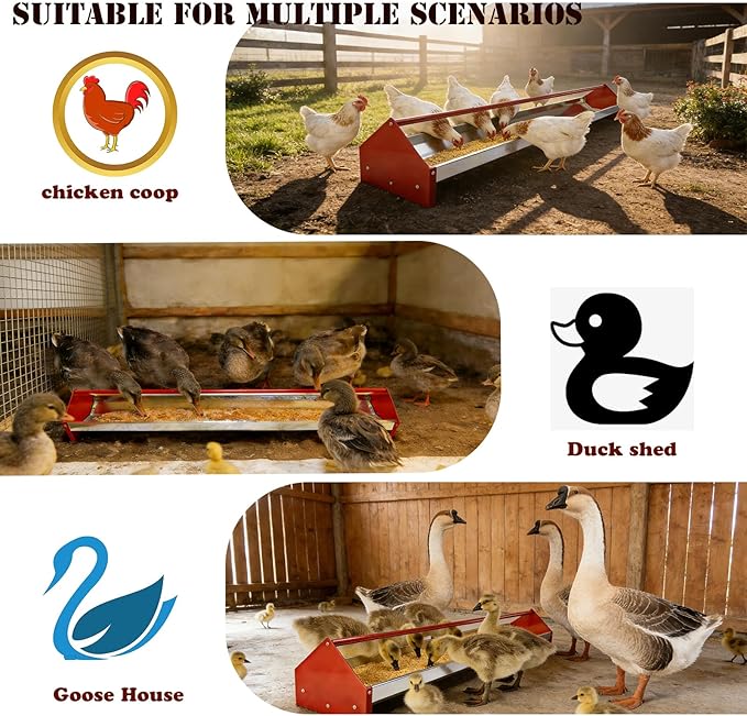 Chicken Feeding Trough,Chicken Feeder,45" Heavy Duty Galvanized Steel Feeder with Drainage Holes & Crossbar,Suitable for Poultry Feeder Trough for Chicken, Duck, Geese, Turkey (2 Piece)