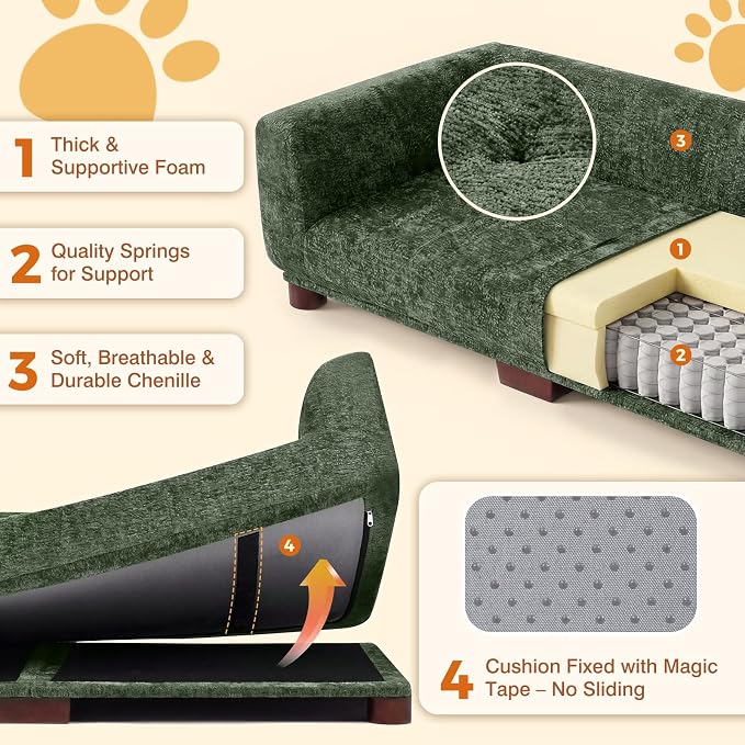 Dog Couch Sofa for Large & Extra Large Dogs, Elevated Pet Bed with Legs, Button Tufted Chenille Dog Couch with Backrest and Armrests, Modern Indoor Dog Furniture (Green, XL - 47" x 24" x 15")