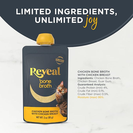 Reveal Chicken Breast Bone Broth Cat Food Topper 6-Pack, Lickable, High Protein, Limited Ingredient, Grain Free, No Fillers or Artificial Additives (6 x 3 oz Resealable Spout Pouches)
