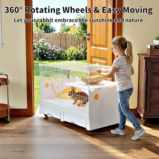 Oneluck Large Rabbit Cage Indoor,2-Story Bunny Hutch with Rasied Urine-Proof Walls, Leak-Proof Trays, Wheels,37" L x22 W x 30" H for Rabbits, Chinchillas, Guinea Pig (Large, Opaque)