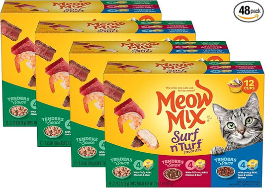 Meow Mix Tenders in Sauce Wet Cat Food, Surf 'N Turf Variety Pack, 2.75 Ounce Cup (Pack of 48)