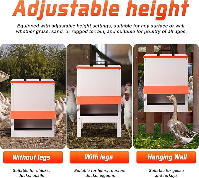 30lbs Automatic Chicken Feeder and Duck Feeder for Outside, Metal Chicken Feeders No Waste, Large Poultry Feeder for Chickens, Ducks, Geese, Pigeons, Dogs, Cats (Orange)