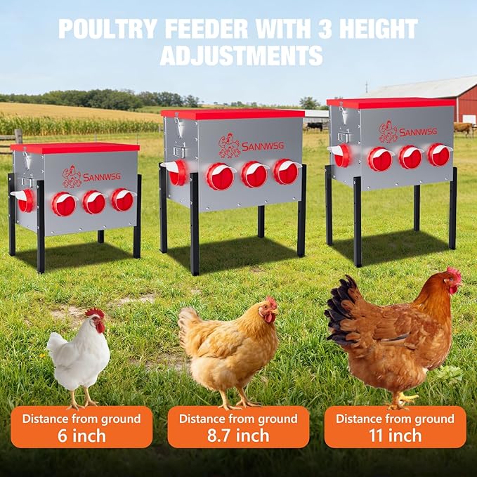 Chicken Feeders,68 lb Capacity 8 Port Automatic Chicken Feeder, Metal Chick Feeder with Locking Lid and Legs, Chicken Feeder for Chickens, Ducks, Geese