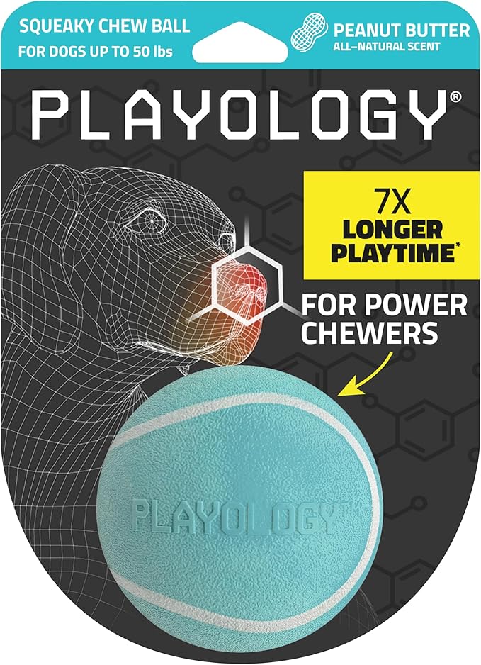 Playology Dog Toys | Squeaky Chew Ball for Dogs | Peanut Butter Scented Medium Dog Ball | Bouncy Floating Chew Toys for Fetch