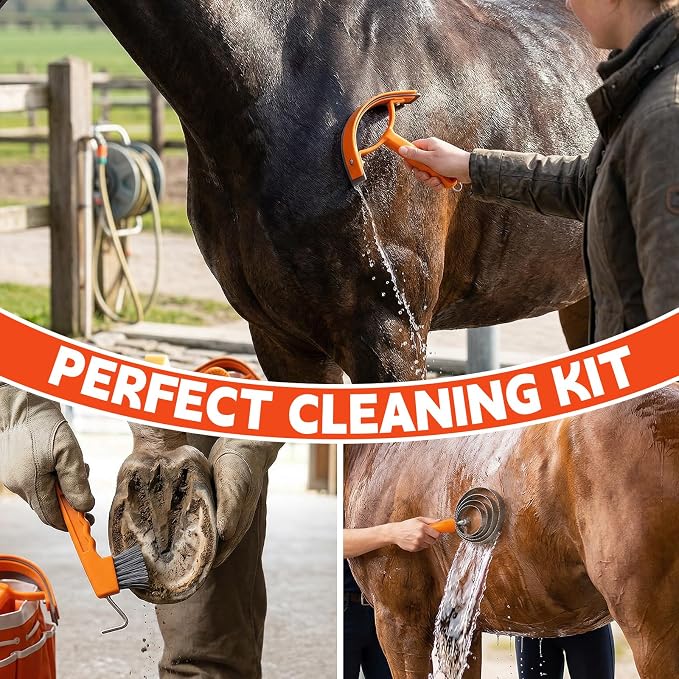 Orange Horse Grooming Kit - 12-in-1 Complete Set with Handbag, Horse Brushes, Curry Comb, Hoof Pick, Sweat Scraper, Sponge for Horse Owners and Riding Enthusiasts