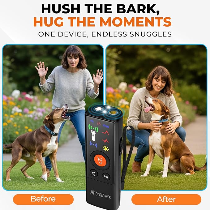 Dog Bark Deterrent Devices 2X Power Anti Barking Device for Dogs, Ultrasonic Dual Emitters, 4 Training Modes Barks No More Indoors Outdoors Behavior Correct Safe & Humane Rechargeable (Orange)