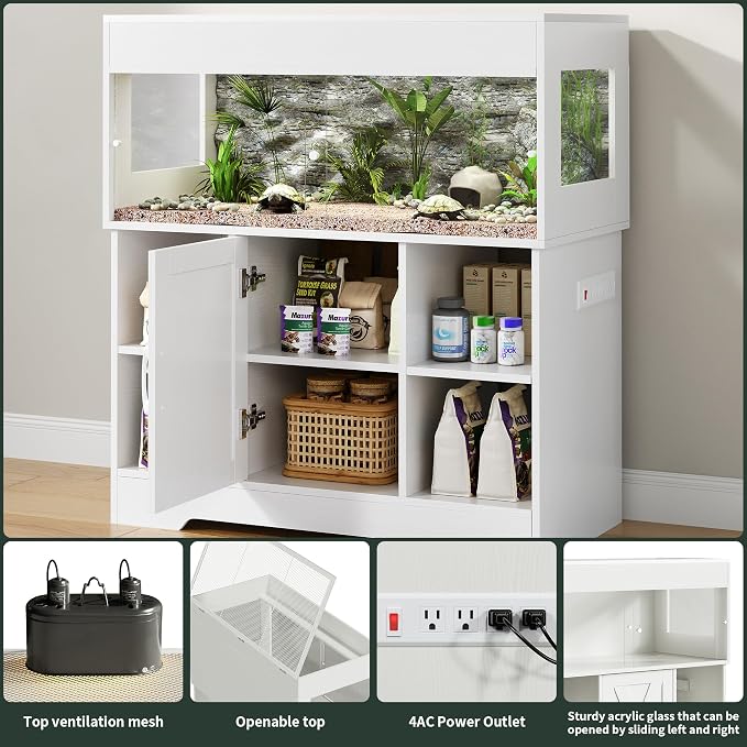 Herture 40 Gallon Reptile Terrarium Tank with Storage Cabinet, Reptile Tank with Stand, for Leopard Geckos, Corn Snakes, Juvenile Pets, Sliding Acrylic Doors, Mesh Top, Power Outlet, White PX03RTW