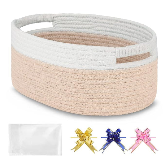 Small Woven Basket with Gift Bags and Ribbons, Empty Baby Gift Baskets for Kids Women Men, Shelf Storage, Small Cat Dog Pet Toy Boxes, 13”x 9”x 5.5”, Beige