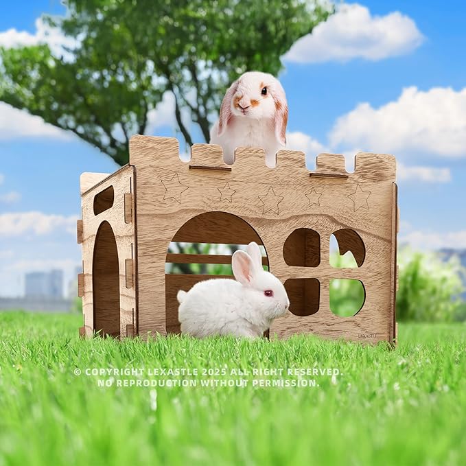 Larger Bunny Castle Sturdy Walnut Color Wooden Rabbit Hideout for Bunnies Guniea Pigs Ferrets Chinchillas Hamsters LXUS (Single Castle)