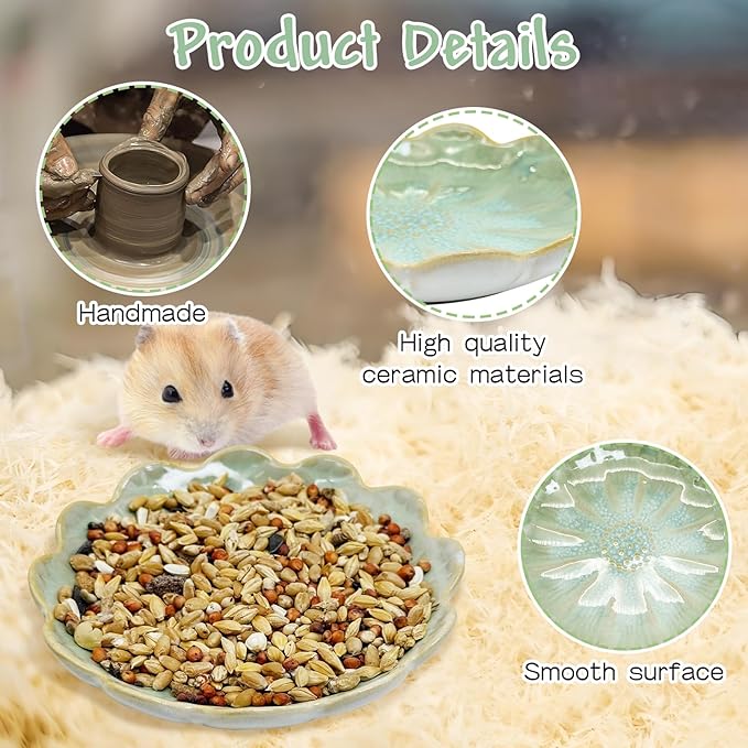 BNOSDM Shallow Ceramic Hamster Food Dish 2 Pcs Small Animals Food Bowl Sunflower Feeding Dishes for Gerbils Mice Rats 4.5in (Green)