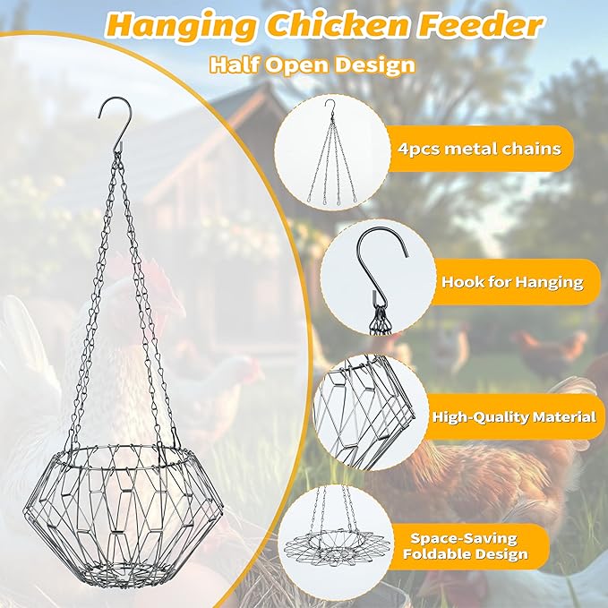 Hanging Chicken Feeder, 9.25IN Large Foldable Poultry Feeder Vegetable Fruits Basket with 4pcs Hanging Stainless Chain, Chicken Treat Holder Ball Boredom Toys for Chicken Hens Duck Coop, Black, 2 Pack