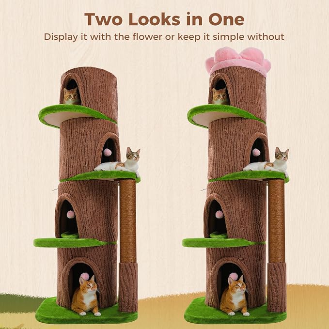 MUTTROS Forest Cat Tree Tower with 4 Condos, 68.5" Tall Cat Tower with Flower Top Bed & Thick Scratching Post (φ3.8in) – Large Heavy Duty Tree that Looks Like a Tree for Indoor & Multi-Cat Households