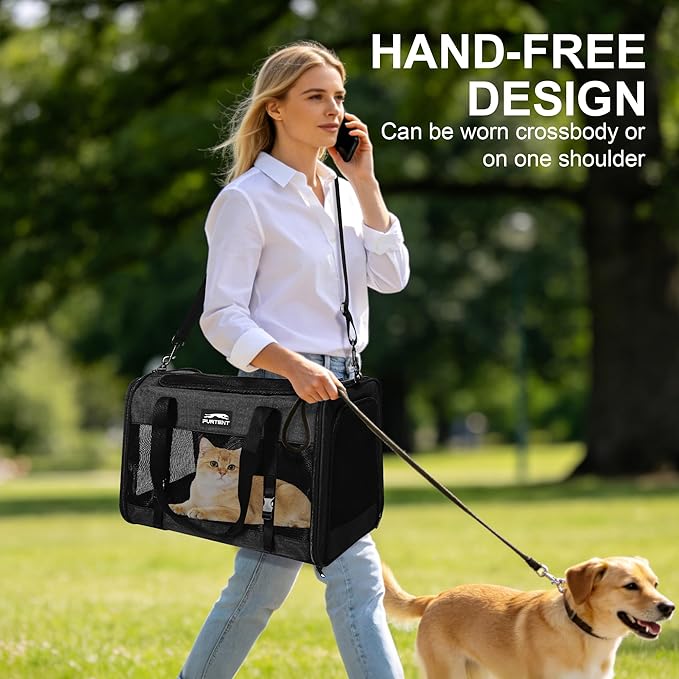 Soft Sided Cat Carrier for Large Cats, Pet Carrier for 2 Cats or Small Dogs Up to 25Lbs, Large Cat Carrier with Shoulder Strap, Cat Car Carrier with Safety Buckle & Cushion, 20x13x13 inches, Black