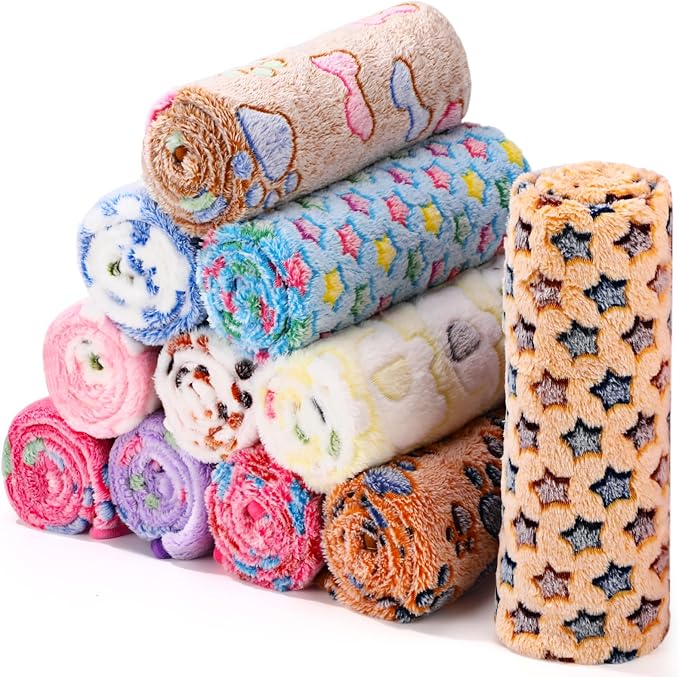Tatuo 12 Pieces 41 x 30 Inch Dog Blanket Super Soft Warm Cat Sleep Mat Pet Kitten Doggy Fluffy Fleece Blankets with Cute Dog Paw Bone Star Elephant Patterns Printed Fluffy Blanket for Small Cat Puppy