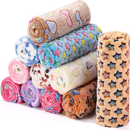 Tatuo 12 Pieces 41 x 30 Inch Dog Blanket Super Soft Warm Cat Sleep Mat Pet Kitten Doggy Fluffy Fleece Blankets with Cute Dog Paw Bone Star Elephant Patterns Printed Fluffy Blanket for Small Cat Puppy