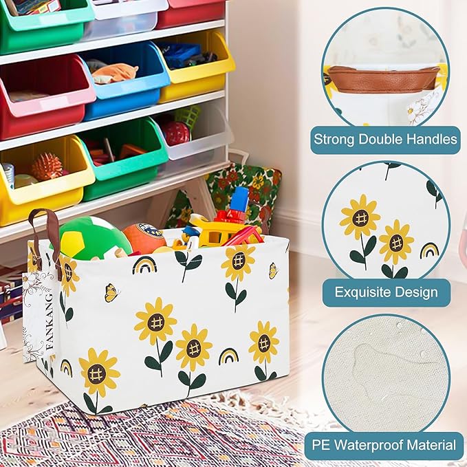Storage Bins, Nursery Hamper Canvas Laundry Basket Foldable with Waterproof PE Coating Large Storage Baskets for Kids Boys and Girls, Office, Bedroom, Clothes,Toys(Rec-Sunflower）