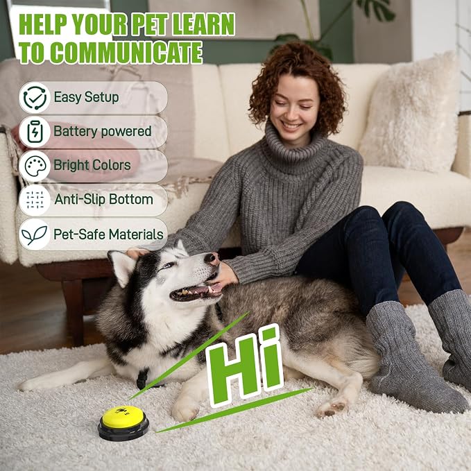 Dog Buttons for Communication, 6 Pack Recordable Talking Buttons for Dog Training with 30 Seconds Voice Recording | Includes Non-Slip Mat & Dog Bath Brush Present Set