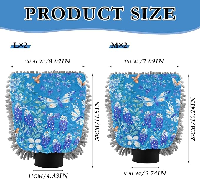 Car Wash Mitt Microfiber Wash Mitts for Car Washing Scratch-Free Cleaning Gloves Soft Non Absorbent Chenille Auto Hand Mitt Large 2Pack Bluebonnet Birds and Butterflies Blue