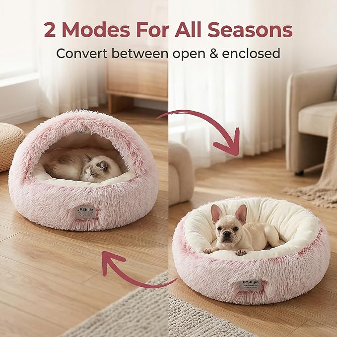 Hooded Dog Bed, Cat Cave Bed with Removable Hood, 2-in-1 Convertible Donut Cat Bed, All Season Fluffy Pet Bed for Cats Small Dogs (Cave Bed - Pink, Large Size 23.6 in)