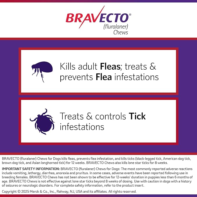 BRAVECTO Chew for Dogs, Flea & Tick, 1 Chew, 12 Week Supply, >44-88 lbs., Blue Box