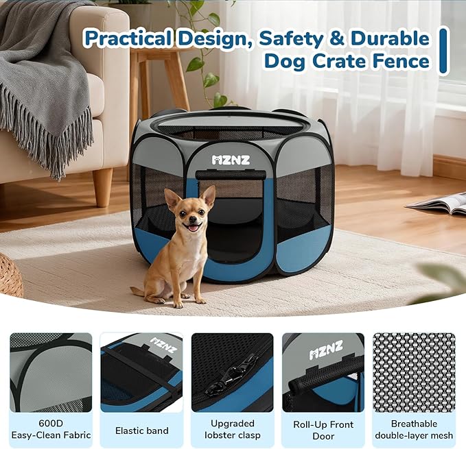 Dog Cat Playpen, Portable Small Animal Playpen Crate Indoor for Dogs Cats Rabbits, Foldable Guinea Pigs Bunny Cage Enclosure Outdoor, Pop Up Dogs Cats Tent Kennel with Carrying Case, Grey Blue