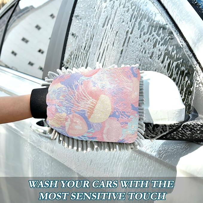 Car Wash Mitt Microfiber Wash Mitts for Car Washing Scratch-Free Cleaning Gloves Soft Non Absorbent Chenille Auto Hand Mitt Medium 2Pack Pastel Sea Coral Reef Jellyfish