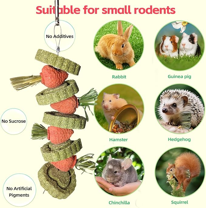 Bunny Chew Toys Guinea Pig Chew Toys for Teeth Grinding Rabbit Treats Natural Timothy Grass Cake Strawberries for Guinea Pigs Chinchillas Bunny Hamster (3 Pcs)