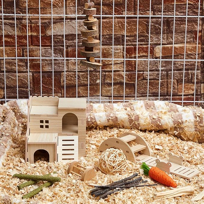 8 Pcs Hamster Cage Accessories Hamster Starter Kit with Maze Wood House, Bridge, Seesaw, Chew Toys Set for Gerbils and Mice Small Animals Habitat Supplies(Classic Villa)