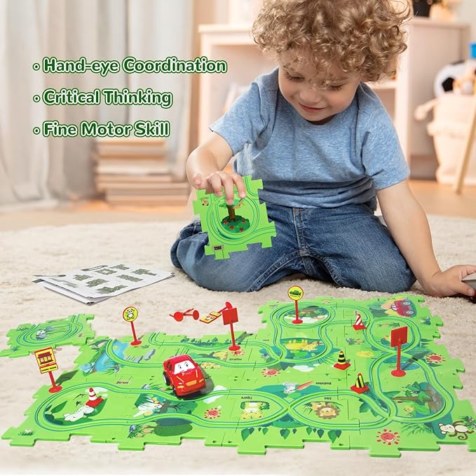 Puzzle Track Car Play Set, Plastic Puzzles for Kids with Vehicles, Railcar Puzzle, Car Tracks for Toddlers, Toys Gifts for 3 4 5 6 Year Old Boys, Toddler Boy Toys 3-4