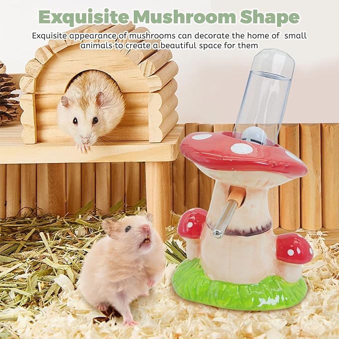 PINVNBY Hamster Water Bottle No Drip Ceramic Automatic Gerbil Water Bottle 80ML Water Dispenser with Mushroom Stand Holder for Gerbils Syrian Hamsters Dwarf Hamsters Mice (Red)