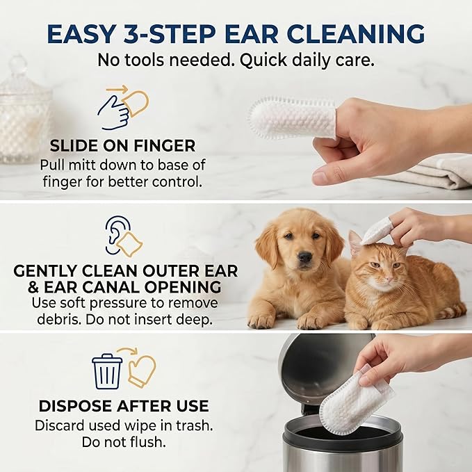 Dog Ear Wipes - 150 Count Finger Ear Cleaner for Cats, Alcohol Free Plant Based Ear Cleaning, Remove Wax Dirt Odor