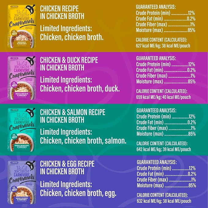 Tiki Cat Born Carnivore Complements Wet Cat Food Topper, High Protein & Limited Ingredient, Variety Pack 2.1 oz. Pouch (12 Per Box)