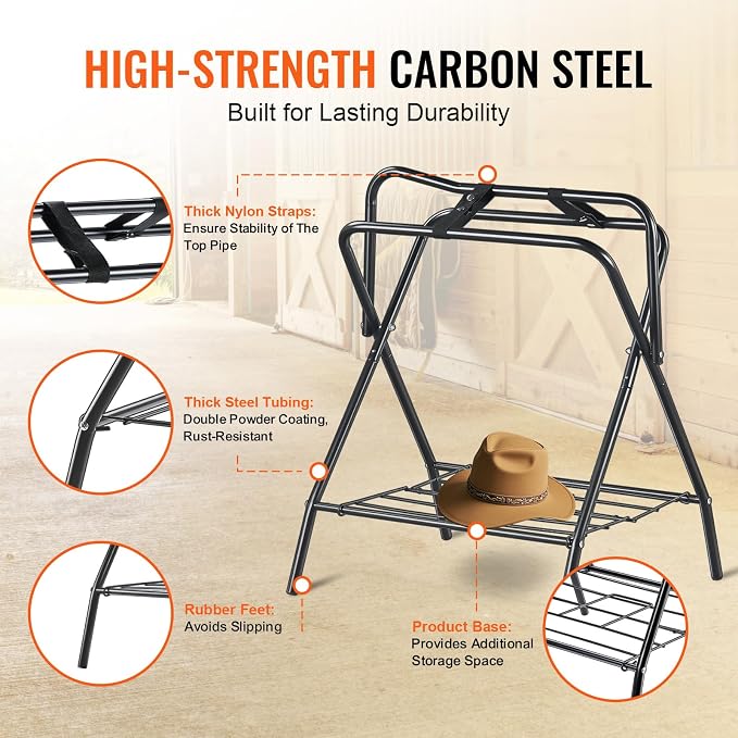 VEVOR Folding Saddle Rack, Freestanding Horse Saddle Stand, Portable Horse Blanket Holder, Heavy Duty Steel Saddle Rack for English & Western Saddles, Tack Storage, 28 x 19 x 37.5 in, Black