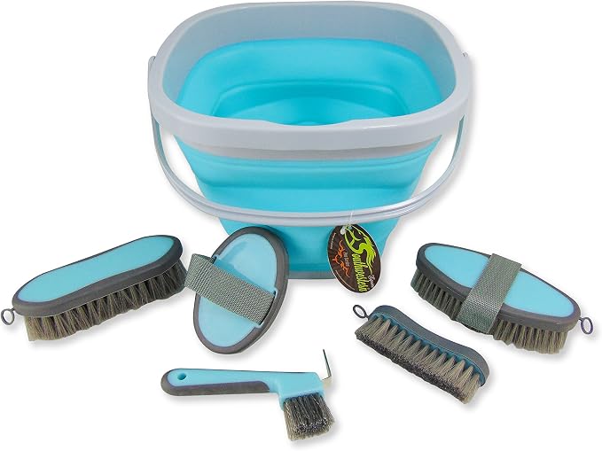 Collapsible Grooming Kit 10 Liter Bucket and 5 Grooming Tools - By Southwestern Equine - Turquoise