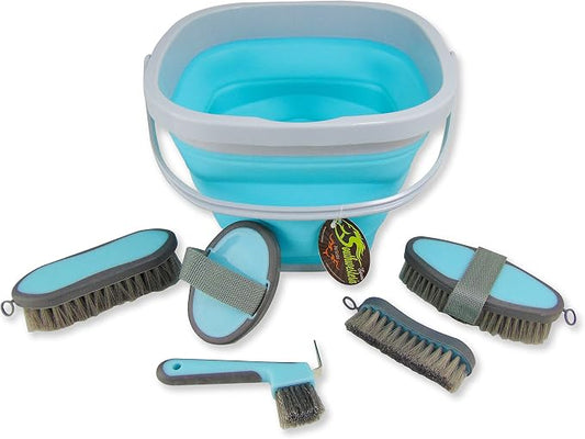Collapsible Grooming Kit 10 Liter Bucket and 5 Grooming Tools - By Southwestern Equine - Turquoise