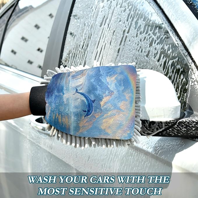 Car Wash Mitt Microfiber Wash Mitts for Car Washing Scratch-Free Cleaning Gloves Soft Non Absorbent Chenille Auto Hand Mitt Large 2Pack Rainbow Dolphins Jumped Out Blue