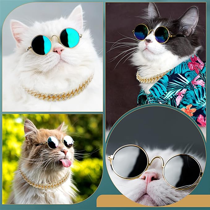 Xuniea 2 Pieces Cat Dog Chain Collar and Sunglasses Set Rhinestone Necklace with Secure Buckle Round Glasses for Doll Cat Dog Pet Accessories(8 Inch,Gold, Black)
