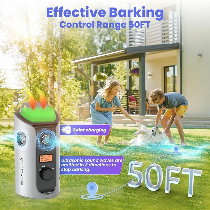 Anti Barking Device, 50FT Solar Charging Dog Barking Deterrent Device, Tri-Directional Ultrasonic Stop Dog Barking Device, Barking Control Device for Indoor Outdoor