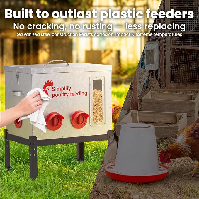 Hiqufet 55 lb Large Automatic Chicken Feeder with Window, 7 No-Waste Ports – Outdoor Metal Chicken Feeders with Adjustable Stand, Rodent-Resistant Design & Riveted Handles for Chicken, Ducks & Poultry