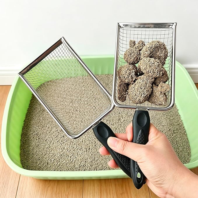2 Pack Cat Litter Scoop with 3.8mm & 5mm Mesh – Stainless Steel Kitten Litter Scoop with 2 Adhesive Hooks, Metal Cat Poop Scooper for All Litter Types, Efficient Sifting & Easy Cleaning for Litter Box